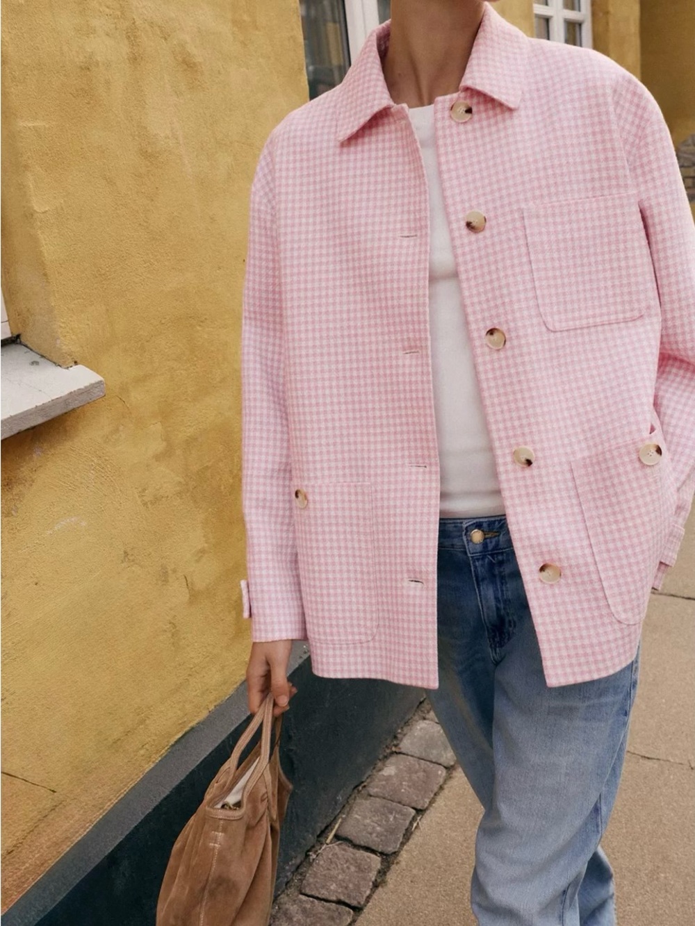 Pink & White Gingham Check Oversized Shirt Jacket Light Pink Coat Small NWT